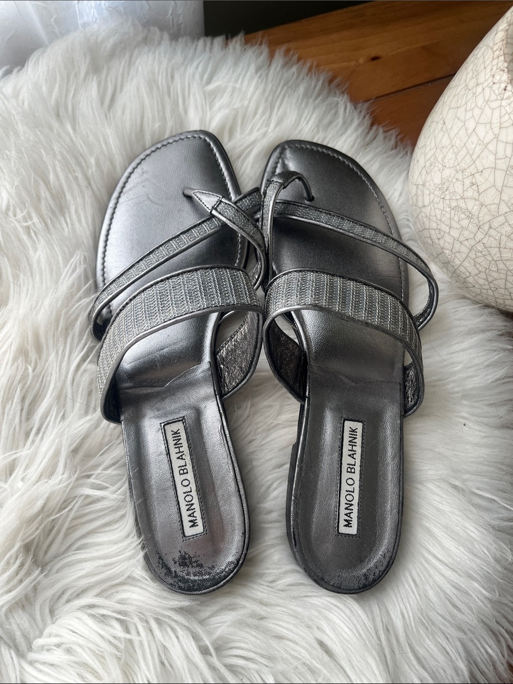 Manolo Blahnik Silver Metallic Strappy Slide Sandals